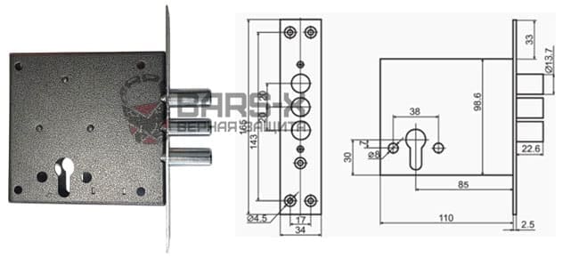 врезной замок KERBEROS 110.22.00 Замок под профильный цилиндр со стальными засовами картинка