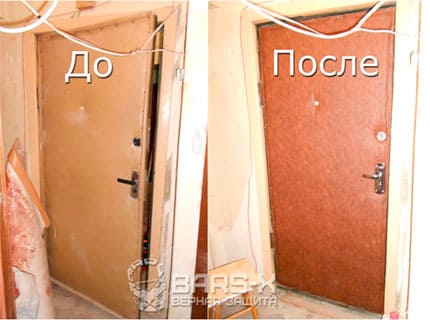 установка второго листов металла и замена обивки на стальной двери картинка